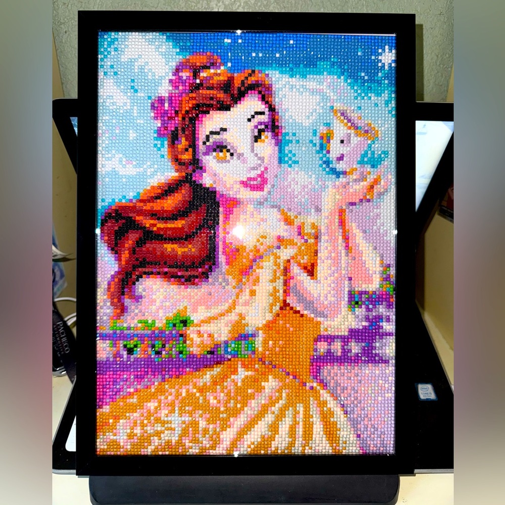 Beauty and the beasts Bell completed framed diamond art with glue sealer added